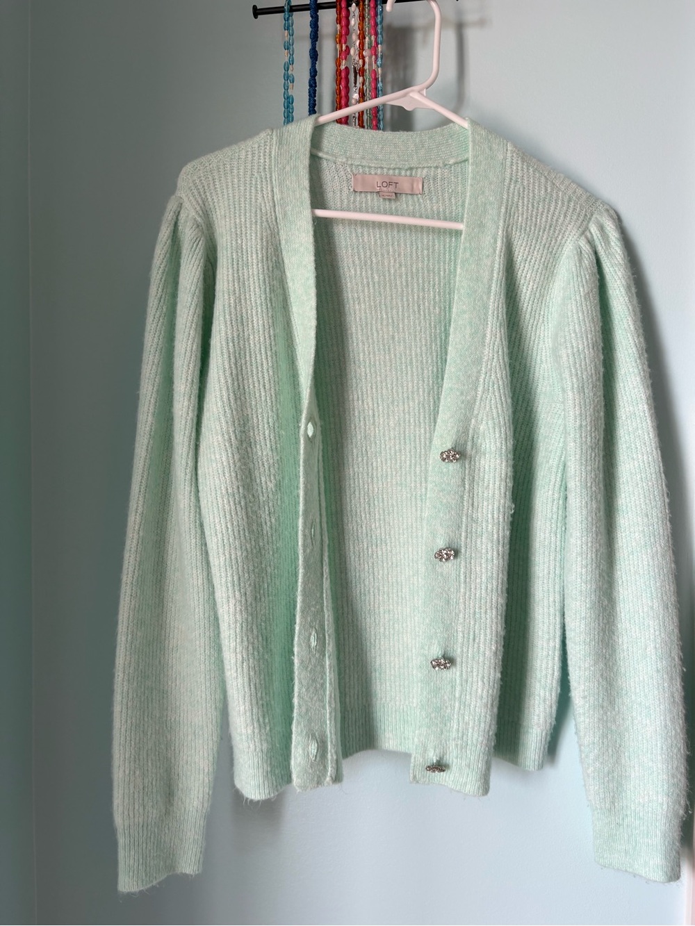 LOFT Mint Green Puff Sleeve Button-Front Cardigan